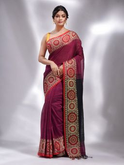 CHARUKRITI - Magenta Pure Cotton Handwoven Geometric Border Saree with Unstitched Blouse