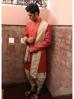 KISAH - Red Printed Sherwani with Dhoti and Dupatta (Set of 3)