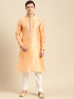 Sanwara - Mens Orange Woven Jacquard Ethnic Kurta (Set of 2)