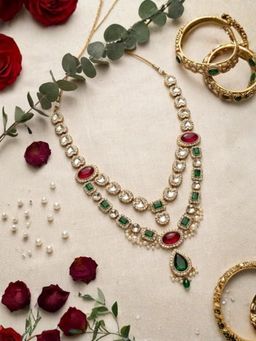 I Jewels - Men Gold Plated Kundan Dual Layer Groom Necklace (Adjustable)