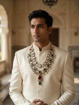 I Jewels - Men Gold Plated Kundan Dual Layer Groom Necklace (Adjustable)