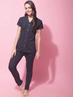 Secret Wish - Womens Navy Blue Hosiery Ethnic Printed Night Suit (Set of 2)