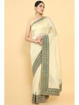 Soch - Women Beige Silk Embroidered Saree with Unstitched Blouse