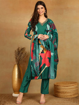Vaamsi - Women Green Silk Blend Floral Straight Kurta and Pant with Dupatta (Set of 3)