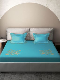 Ddecor Live Beautiful - 180 TC Large Embroidered Bedsheet Set - ER29-TEAL (King)