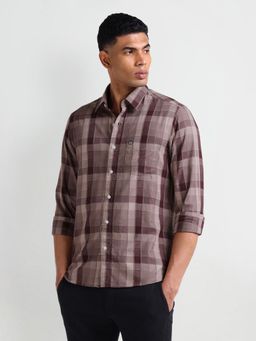 Arrow Sports - Long Sleeve Plaid Check Maroon Casual Shirt