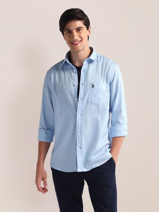 U.S. POLO ASSN. Tailored Fit Pure Cotton Blue Casual Shirt (48)