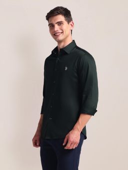 U.S. POLO ASSN. - Semi-Cutaway Collar Solid Dark Green Casual Shirt