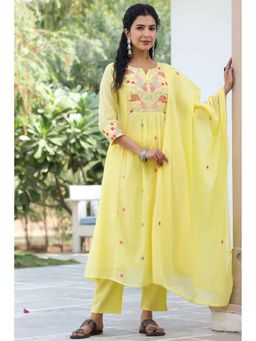 Autumnlane - Sagarika Lime Embroider Cotton Mulmul Kurta with Pant and Dupatta (Set of 3)