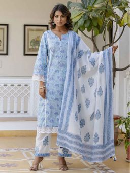 Autumnlane - Samiha Sky Blue Cotton Floral Print Kurta with Pant and Dupatta (Set of 3)