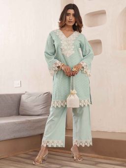 Autumnlane - Subarna Soft Sea Green Cotton Schiffler Kurta with Pant (Set of 2)