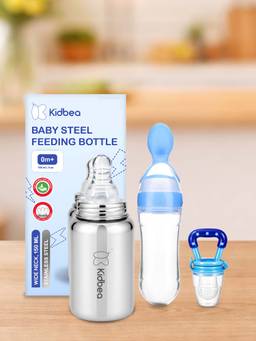 Kidbea - Baby Feeding 150ml Stainless Steel Bottle, Spoon Feeder & Fruit Nibbler