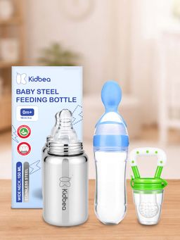 Kidbea - Baby Feeding 150ml Stainless Steel Bottle, Spoon Feeder & Fruit Nibbler