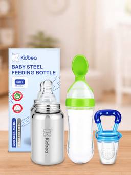Kidbea - Baby Feeding 150ml Stainless Steel Bottle, Spoon Feeder & Fruit Nibbler