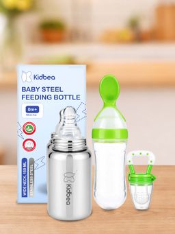 Kidbea - Baby Feeding 150ml Stainless Steel Bottle, Spoon Feeder & Fruit Nibbler