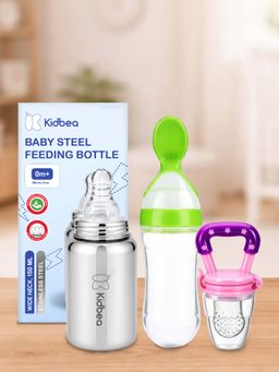 Kidbea - Baby Feeding 150ml Stainless Steel Bottle, Spoon Feeder & Fruit Nibbler