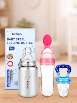 Kidbea - Baby Feeding 150ml Stainless Steel Bottle, Spoon Feeder & Fruit Nibbler