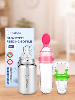 Kidbea - Baby Feeding 150ml Stainless Steel Bottle, Spoon Feeder & Fruit Nibbler