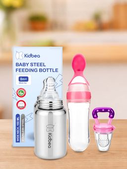 Kidbea - Baby Feeding 150ml Stainless Steel Bottle, Spoon Feeder & Fruit Nibbler