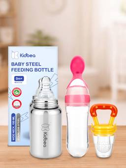 Kidbea - Baby Feeding 150ml Stainless Steel Bottle, Spoon Feeder & Fruit Nibbler