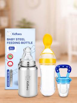 Kidbea - Baby Feeding 150ml Stainless Steel Bottle, Spoon Feeder & Fruit Nibbler