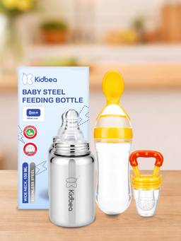Kidbea - Baby Feeding 150ml Stainless Steel Bottle, Spoon Feeder & Fruit Nibbler