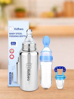 Kidbea - Baby Feeding 250ml Stainless Steel Bottle, Spoon Feeder & Fruit Nibbler