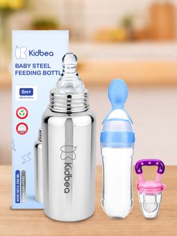 Kidbea - Baby Feeding 250ml Stainless Steel Bottle, Spoon Feeder & Fruit Nibbler