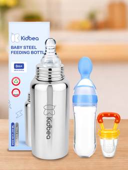 Kidbea - Baby Feeding 250ml Stainless Steel Bottle, Spoon Feeder & Fruit Nibbler