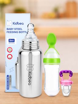Kidbea - Baby Feeding 250ml Stainless Steel Bottle, Spoon Feeder & Fruit Nibbler