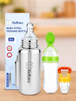 Kidbea - Baby Feeding 250ml Stainless Steel Bottle, Spoon Feeder & Fruit Nibbler