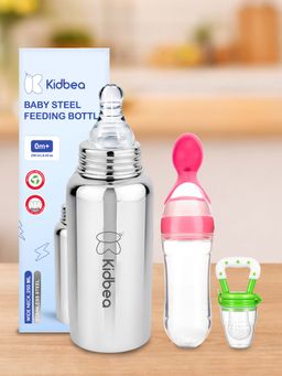 Kidbea - Baby Feeding 250ml Stainless Steel Bottle, Spoon Feeder & Fruit Nibbler