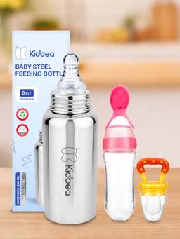Kidbea - Baby Feeding 250ml Stainless Steel Bottle, Spoon Feeder & Fruit Nibbler