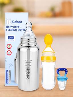 Kidbea - Baby Feeding 250ml Stainless Steel Bottle, Spoon Feeder & Fruit Nibbler