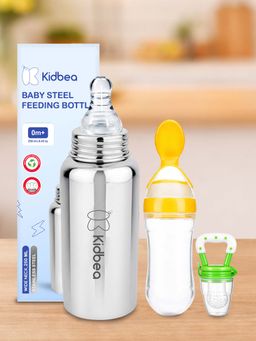 Kidbea - Baby Feeding 250ml Stainless Steel Bottle, Spoon Feeder & Fruit Nibbler