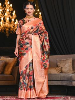 Beatitude - Multicolor Digital Print Soft Blended Silk Saree with Zari Border with Unstitched Blouse