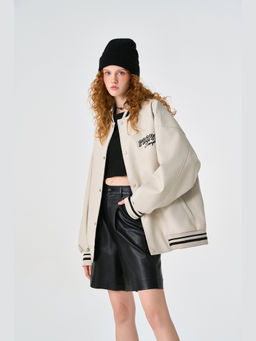 Weezy - Cream Retro Rewind Leather Varsity Jacket