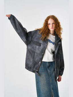 Weezy - Acid Grey Oversized Bomber Leather Jacket