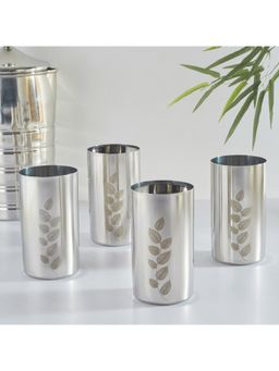 HomeTown - Glisto Stainless Steel Etched Drinking Glass & Tumbler Set Of 4 In Silver Colour