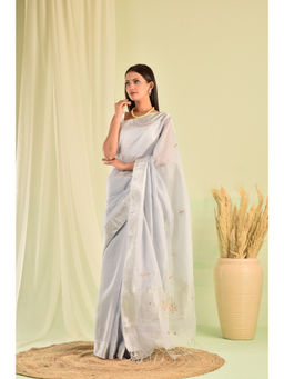 Sutra Attire - Grey Linen Tissue Zardozi Work Saree with Unstitched Blouse
