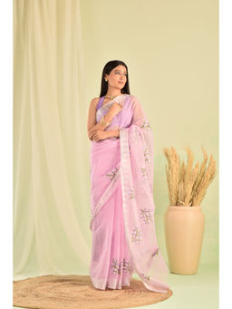 Sutra Attire - Lavender Embroidered Kota Doria Saree with Unstitched Blouse