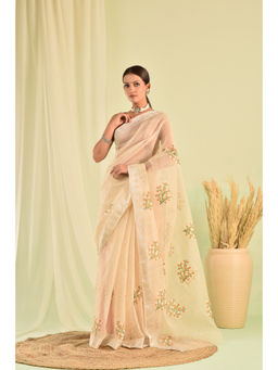 Sutra Attire - Beige Hand Embroidered Floral Kota Doria Saree with Unstitched Blouse