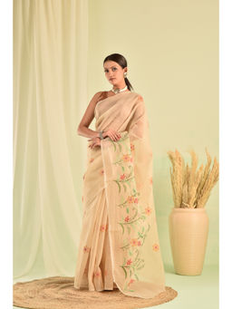 Sutra Attire - Beige Kota Doria Hand Embroidery Saree with Unstitched Blouse