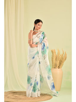 Sutra Attire - Blue Floral Design Linen Saree with Unstitched Blouse