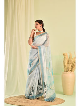 Sutra Attire - Blue Floral Printed Zari Border Silk Saree with Unstitched Blouse