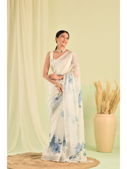 Sutra Attire - White Floral Linen Saree with Unstitched Blouse