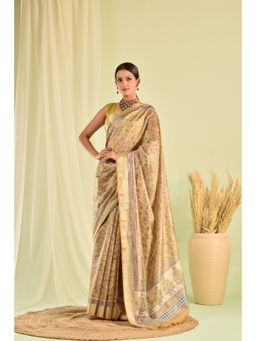 Sutra Attire - Mustard Floral Printed Silk Saree with Unstitched Blouse