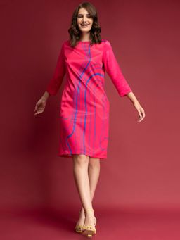 FableStreet - Satin Placement Print Shift Dress - Pink and Blue