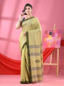 Angoshobha - Olive Cotton Kantha Handloom Saree with Unstitched Blouse