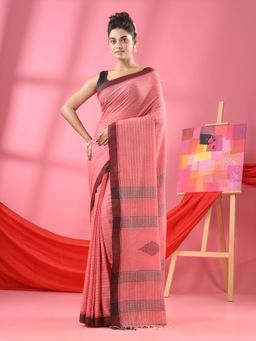 Angoshobha - Flamingo Pink Cotton Kantha Handloom Saree with Unstitched Blouse